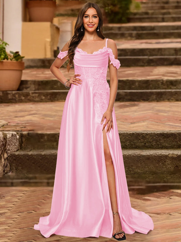 A-Line/Princess Cold Shoulder Short Sleeves Rhinestone Prom Dresses