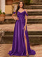 A-Line/Princess Cold Shoulder Short Sleeves Rhinestone Prom Dresses
