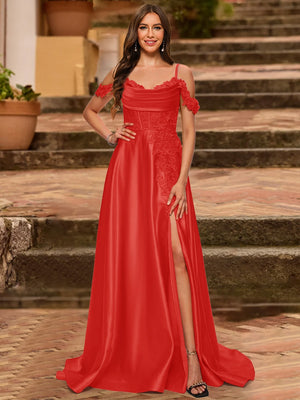 A-Line/Princess Cold Shoulder Short Sleeves Rhinestone Prom Dresses