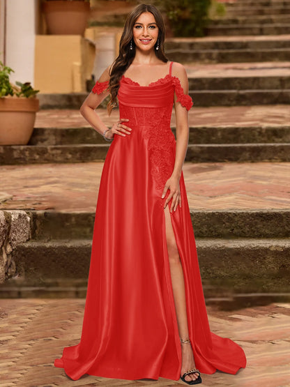 A-Line/Princess Cold Shoulder Short Sleeves Rhinestone Prom Dresses