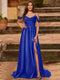 A-Line/Princess Cold Shoulder Short Sleeves Rhinestone Prom Dresses