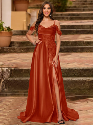 A-Line/Princess Cold Shoulder Short Sleeves Rhinestone Prom Dresses