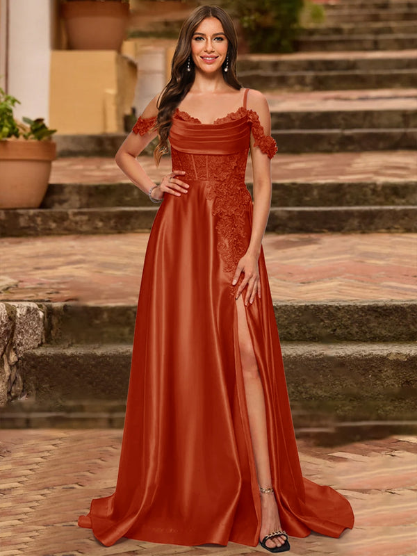 A-Line/Princess Cold Shoulder Short Sleeves Rhinestone Prom Dresses