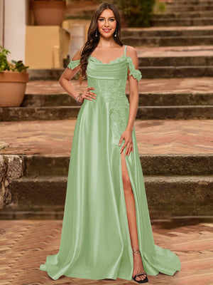 A-Line/Princess Cold Shoulder Short Sleeves Rhinestone Prom Dresses
