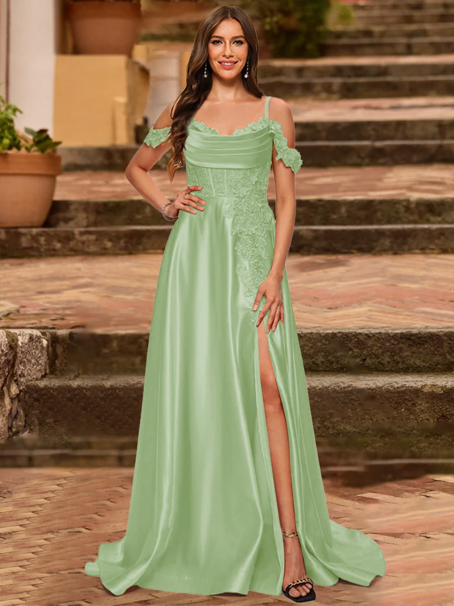 A-Line/Princess Cold Shoulder Short Sleeves Rhinestone Prom Dresses