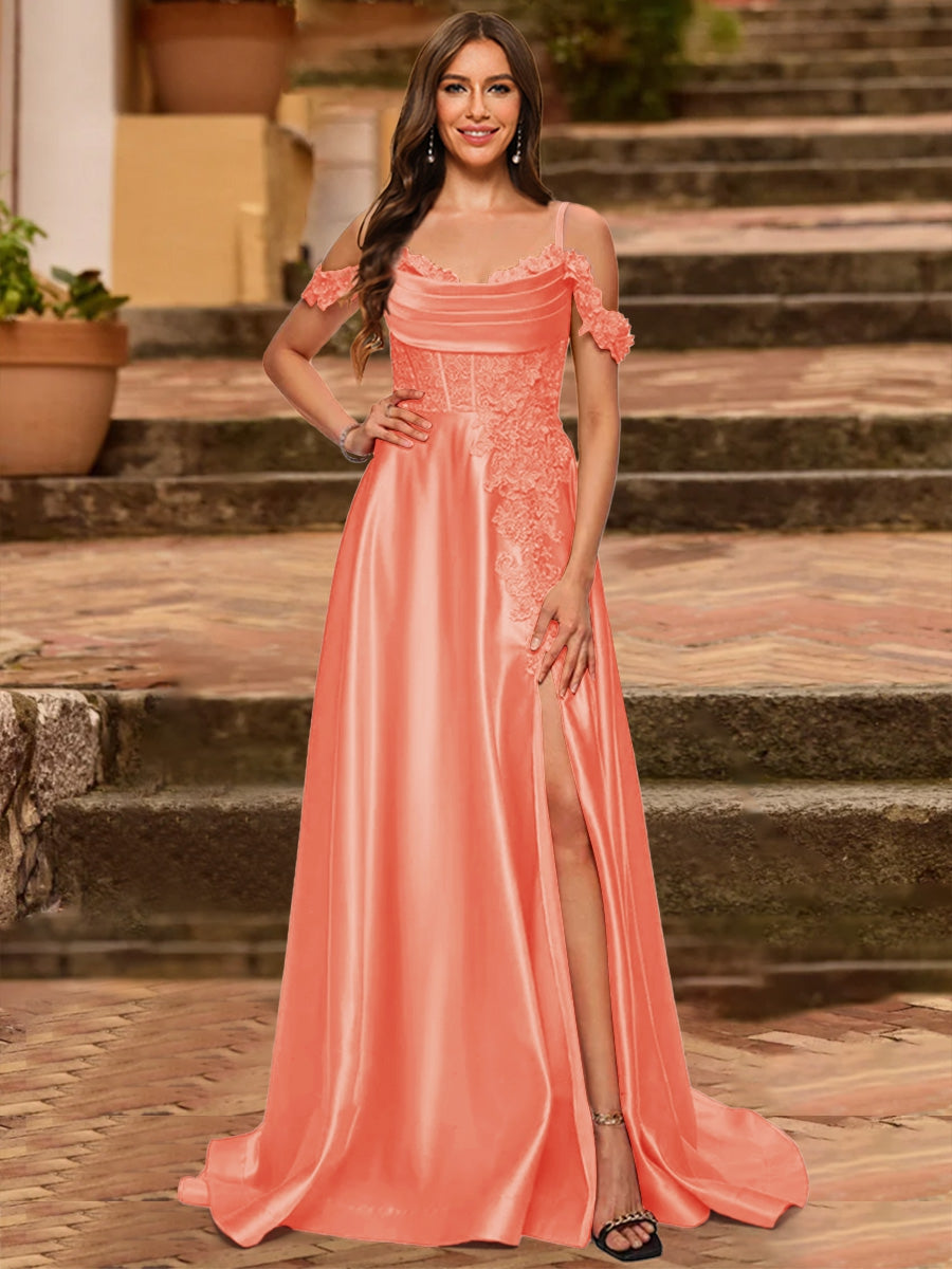 A-Line/Princess Cold Shoulder Short Sleeves Rhinestone Prom Dresses