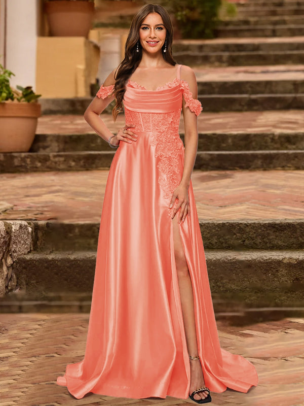 A-Line/Princess Cold Shoulder Short Sleeves Rhinestone Prom Dresses