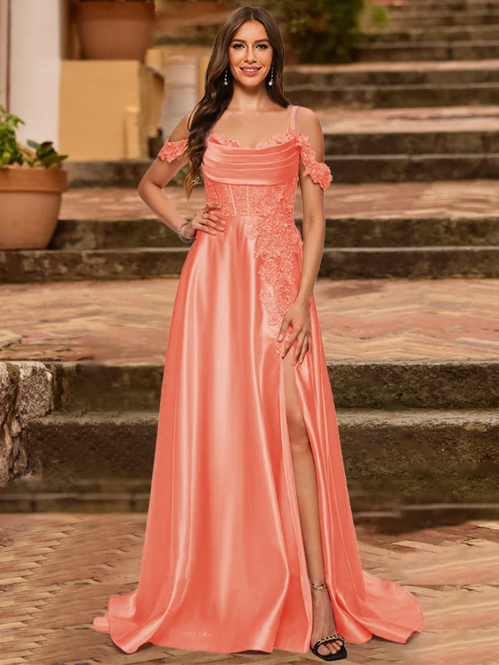A-Line/Princess Cold Shoulder Short Sleeves Rhinestone Prom Dresses