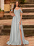 A-Line/Princess Cold Shoulder Short Sleeves Rhinestone Prom Dresses