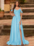 A-Line/Princess Cold Shoulder Short Sleeves Rhinestone Prom Dresses