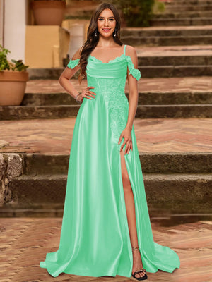 A-Line/Princess Cold Shoulder Short Sleeves Rhinestone Prom Dresses