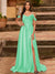 A-Line/Princess Cold Shoulder Short Sleeves Rhinestone Prom Dresses