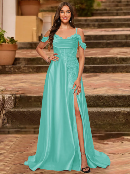 A-Line/Princess Cold Shoulder Short Sleeves Rhinestone Prom Dresses