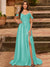 A-Line/Princess Cold Shoulder Short Sleeves Rhinestone Prom Dresses