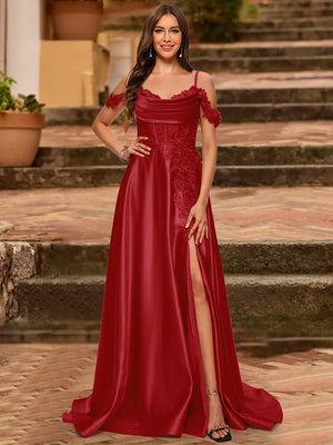 A-Line/Princess Cold Shoulder Short Sleeves Rhinestone Prom Dresses