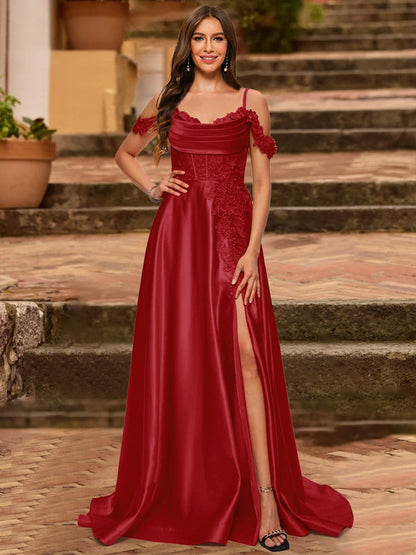 A-Line/Princess Cold Shoulder Short Sleeves Rhinestone Prom Dresses