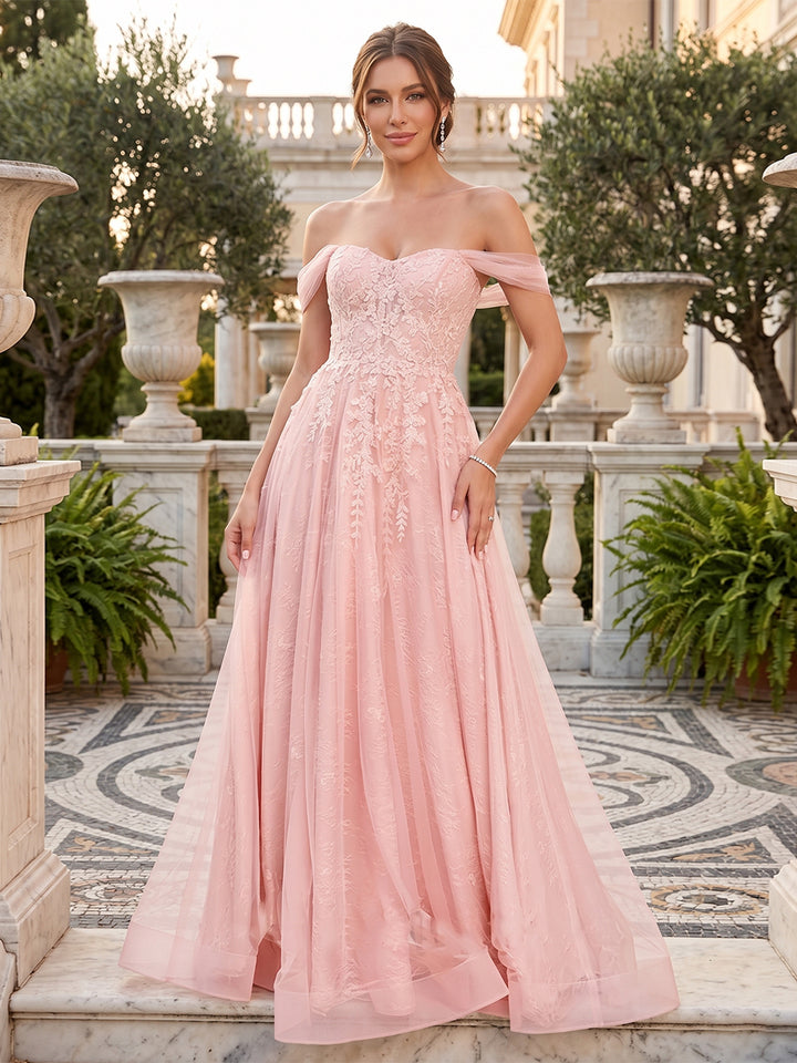 Ball Gown Off-the-Shoulder Short Sleeves Applique Prom Dresses