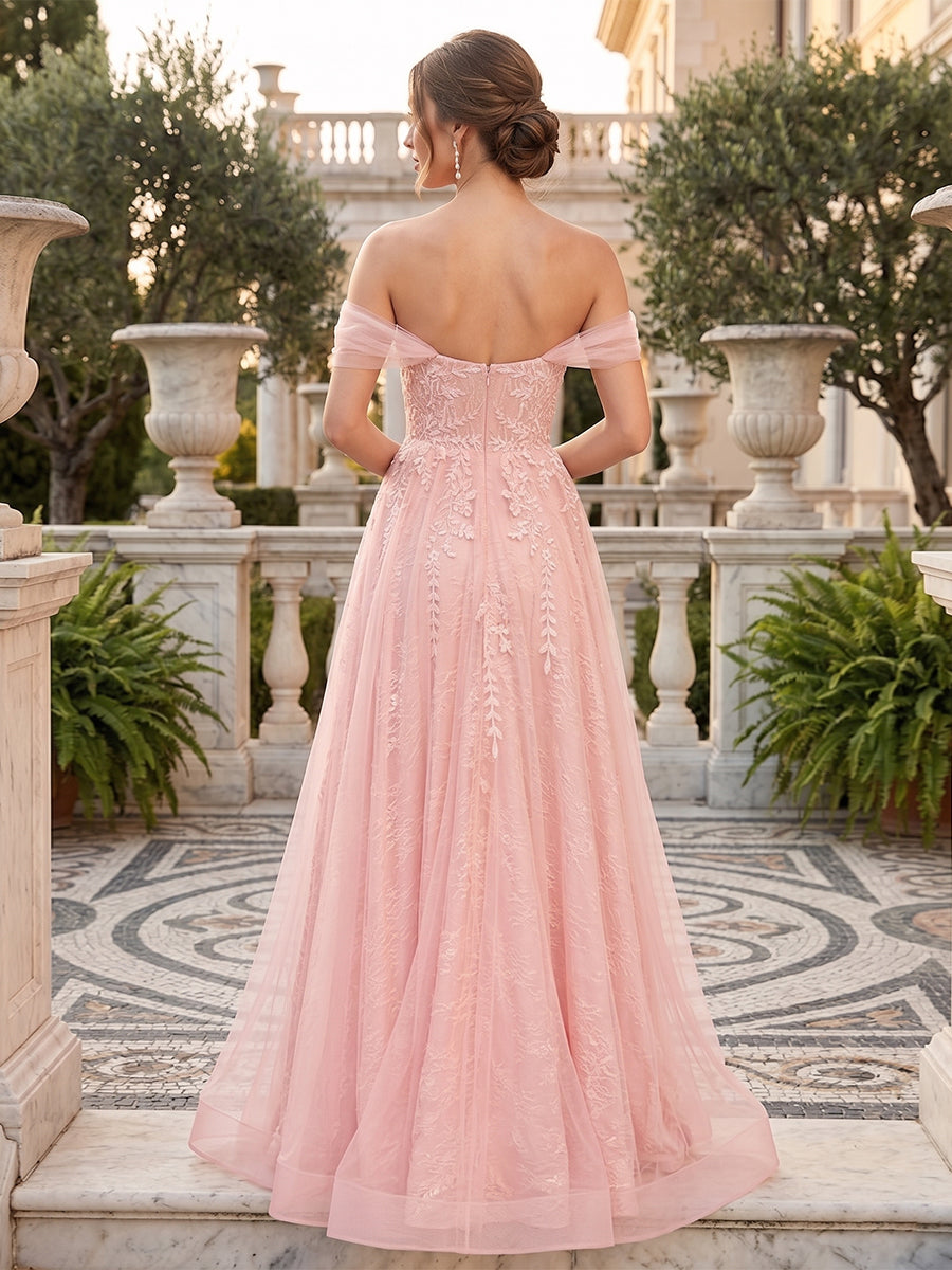 Ball Gown Off-the-Shoulder Short Sleeves Applique Prom Dresses