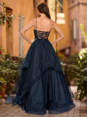 Ball Gown V-Neck Sleeveless Tiered Prom Dresses