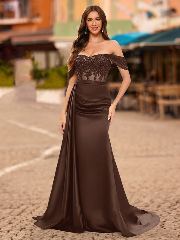 Trumpet/Mermaid Off-the-Shoulder Short Sleeves Sequins Prom Dresses