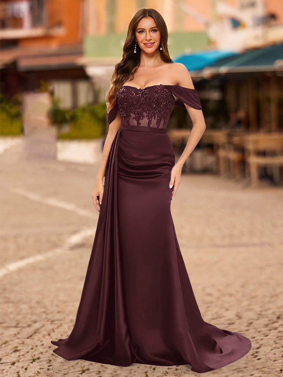 Navy Blue Silk Satin Evening Dresses Off-the-Shoulder Women's Sheath/Column Sleeveless Long Evening Party Prom Gowns with Appliques