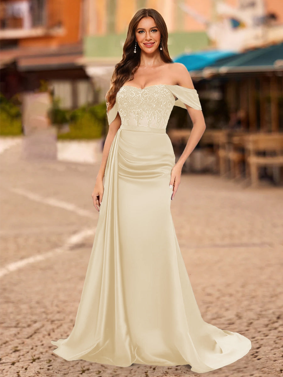 Lavetir Taupe Trumpet/Mermaid Off-the-Shoulder Short Sleeves Sequins Prom Dresses 2026