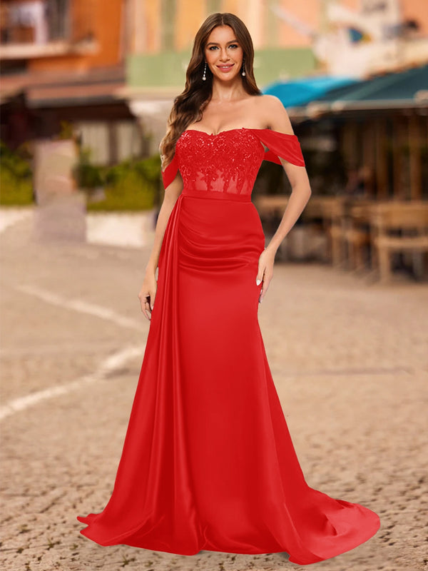 Trumpet/Mermaid Off-the-Shoulder Short Sleeves Sequins Prom Dresses