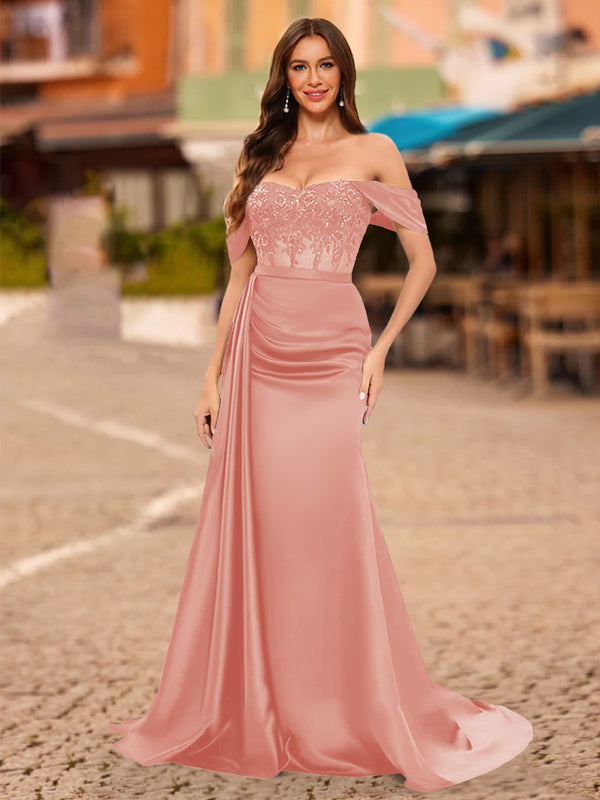 Trumpet/Mermaid Off-the-Shoulder Short Sleeves Sequins Prom Dresses