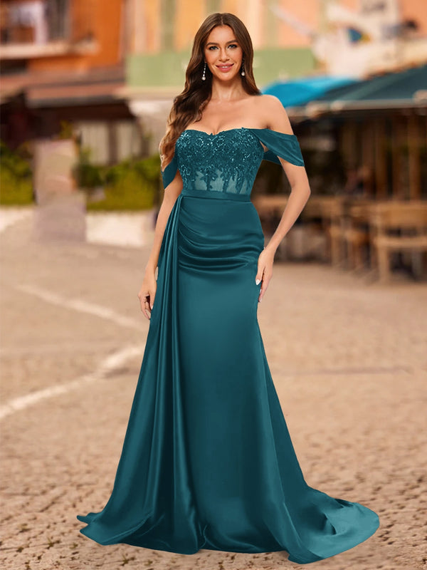 Trumpet/Mermaid Off-the-Shoulder Short Sleeves Sequins Prom Dresses
