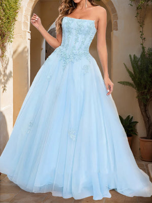 Ball Gown Strapless Sleeveless Applique Prom Dresses