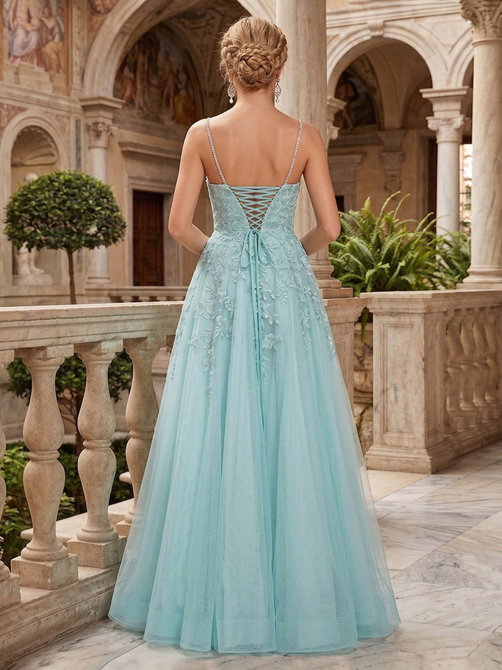 A-Line/Princess Scoop Sleeveless Applique Prom Dresses