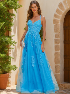 A-Line/Princess V-Neck Sleeveless Applique Prom Dresses