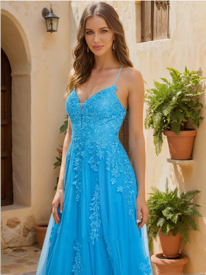 A-Line/Princess V-Neck Sleeveless Applique Prom Dresses