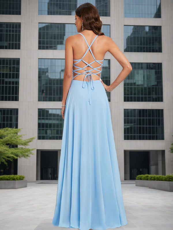A-Line/Princess V-Neck Sleeveless Applique Prom Dresses
