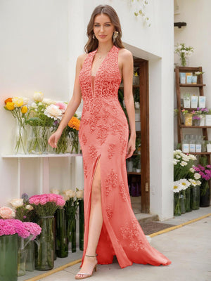 coral halter prom dress Coral Halter Beaded Two-piece Fit-and-flare Prom Dress