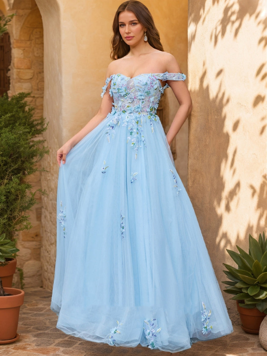 Lavetir Blush Pink Ball Gown Off the Shoulder Short Sleeves Applique Prom Dresses 2026