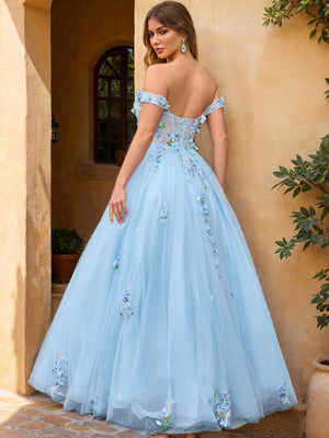 Ball Gown Off the Shoulder Short Sleeves Applique Prom Dresses