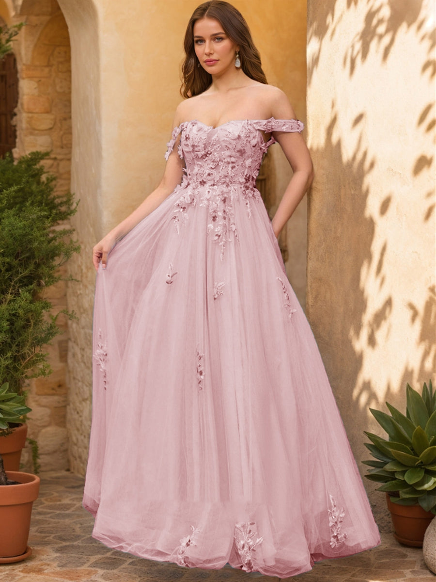 Lavetir Blush Pink Ball Gown Off the Shoulder Short Sleeves Applique Prom Dresses 2026