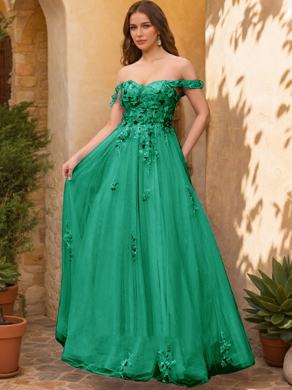 Ball Gown Off the Shoulder Short Sleeves Applique Prom Dresses