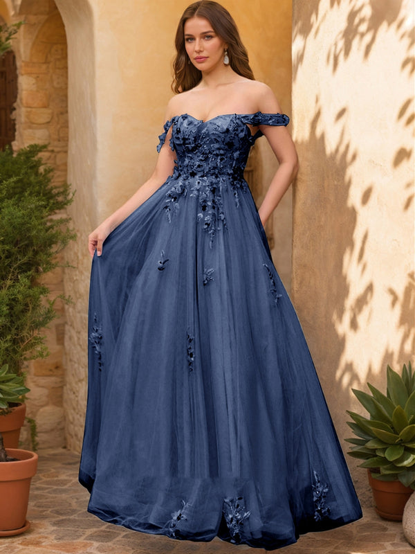 Ball Gown Off the Shoulder Short Sleeves Applique Prom Dresses
