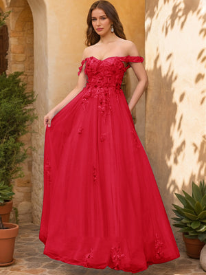 Ball Gown Off the Shoulder Short Sleeves Applique Prom Dresses