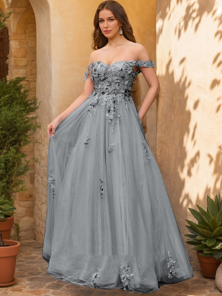 Ball Gown Off the Shoulder Short Sleeves Applique Prom Dresses