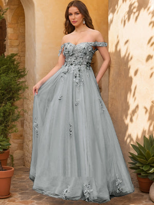 ball gown sleeveless off-the-shoulder applique satin floor-length dresses BABARONI Black Prom Dress with Off the Shoulder Tiered Skirt and Slit