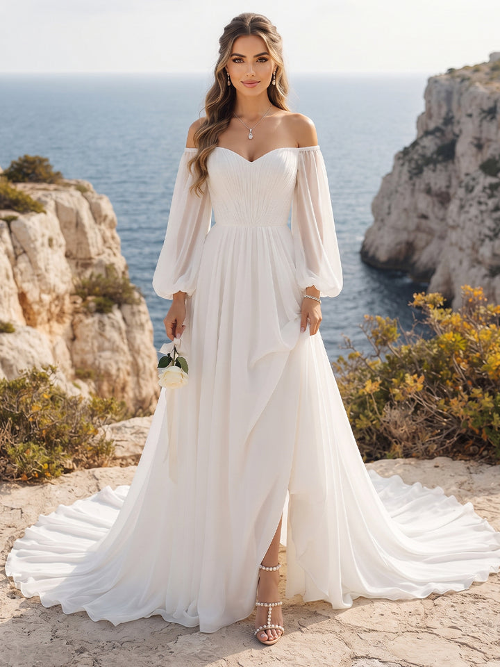 A-Line/Princess Off-the-Shoulder Long Sleeves Ruched Wedding Dresses