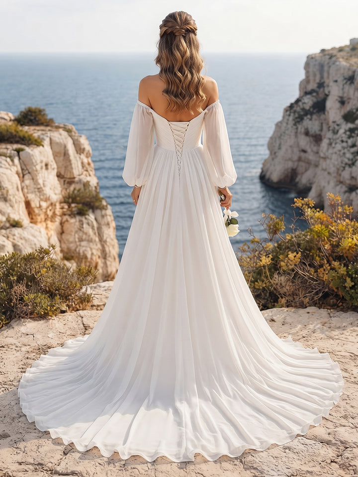 A-Line/Princess Off-the-Shoulder Long Sleeves Ruched Wedding Dresses