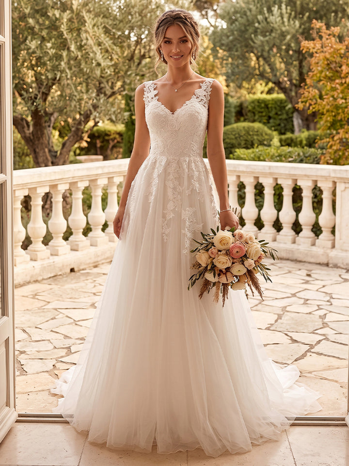A-Line/Princess V-Neck Sleeveless Lace Wedding Dresses