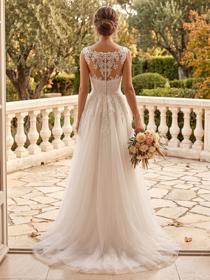A-Line/Princess V-Neck Sleeveless Lace Wedding Dresses