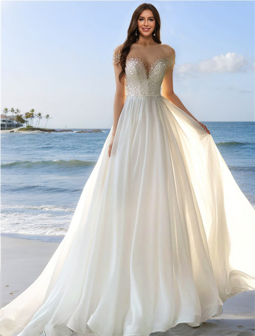 A-Line/Princess Off-the-Shoulder Short Sleeves Beading Wedding Dresses