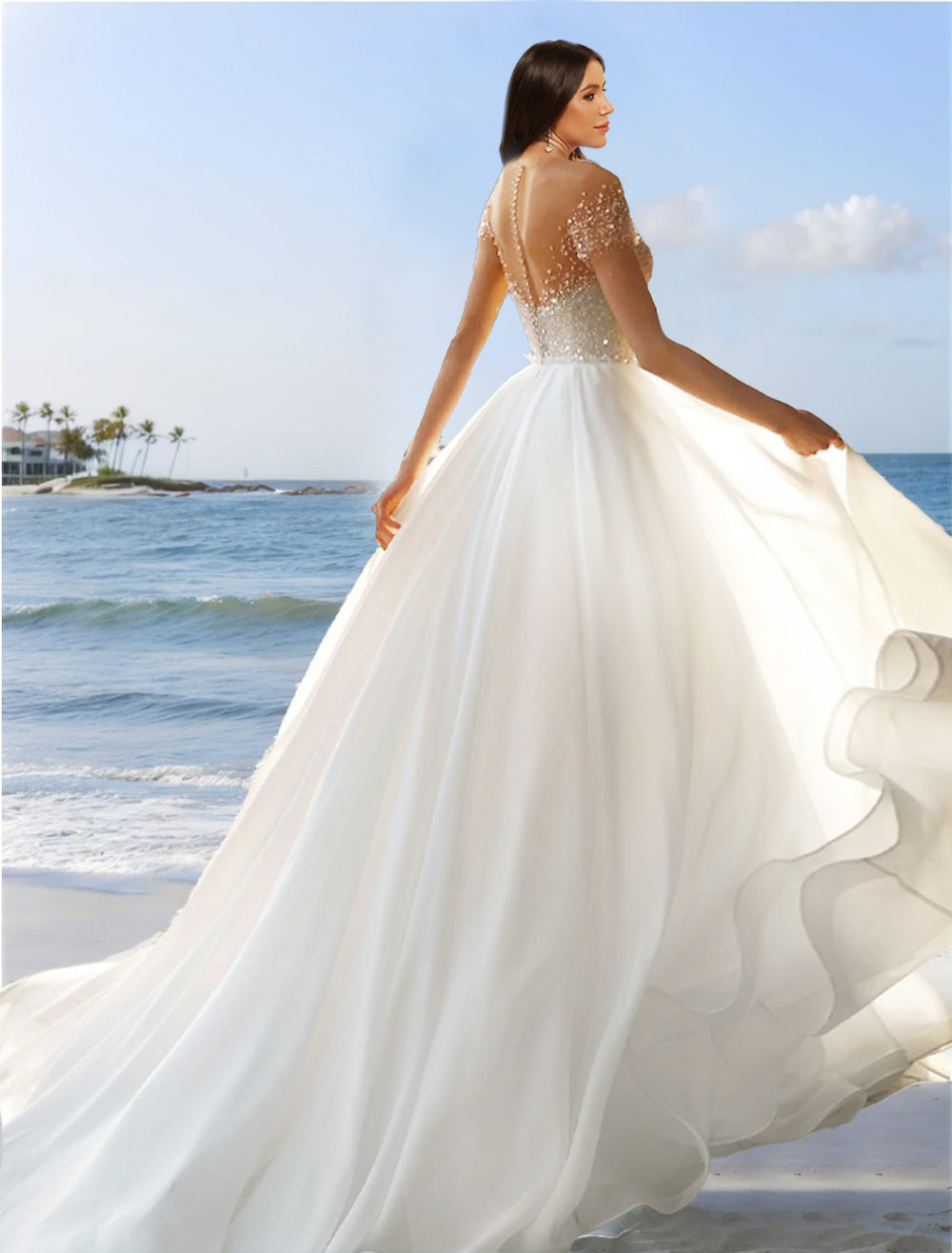 A-Line/Princess Off-the-Shoulder Short Sleeves Beading Wedding Dresses