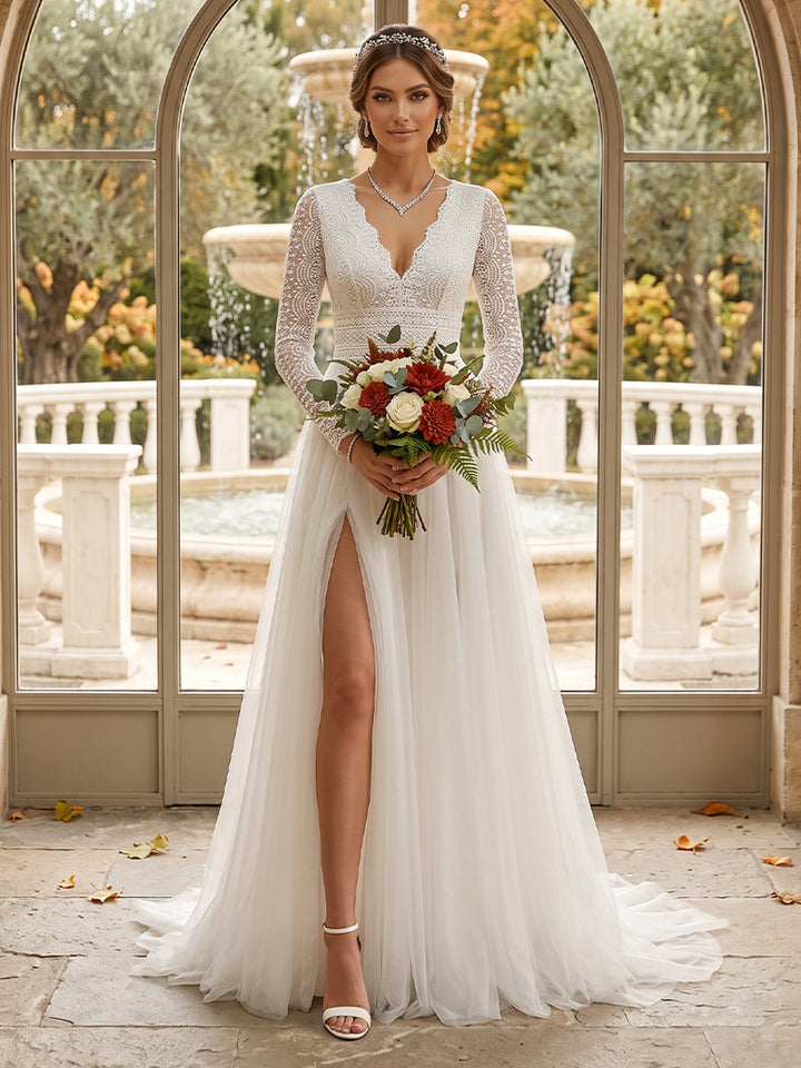 A-Line/Princess V-Neck Long Sleeves Lace Wedding Dresses